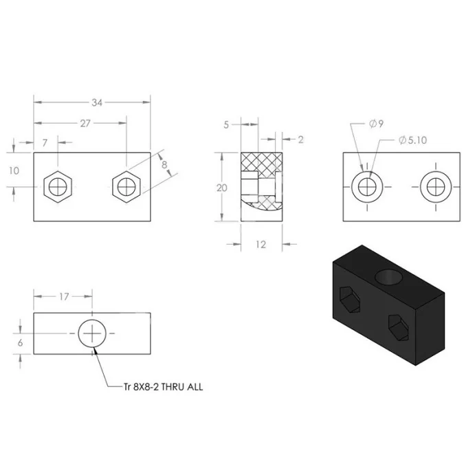 BLOK MONTAŻOWY DO ŚRUBY TRAPEZOWEJ T8*2 34*20*12 mm POM