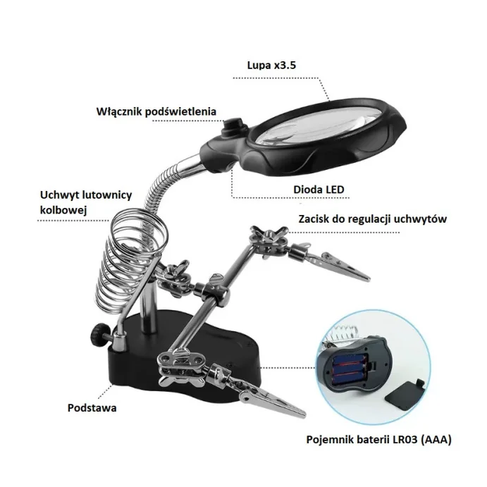 UCHWYT TRZECIA RĘKA LUPA DO LUTOWANIA PODŚWIETLANA LED
