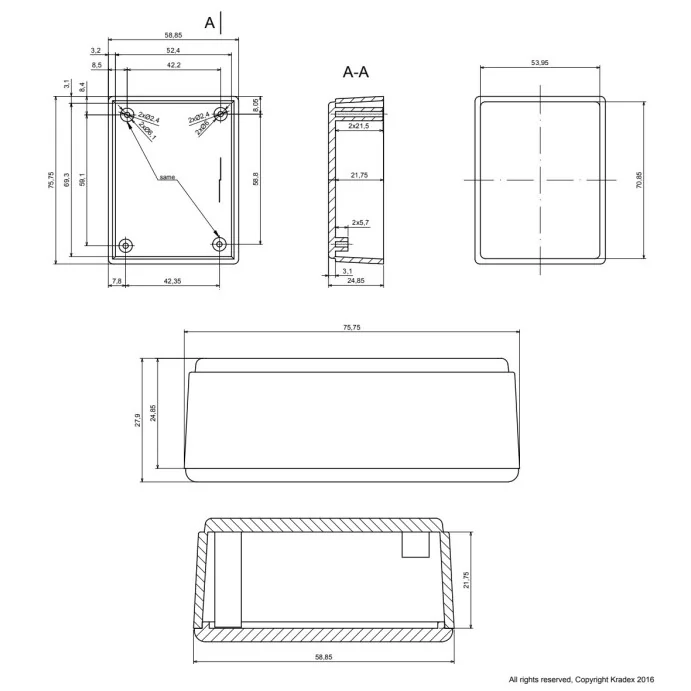 OBUDOWA PLASTIKOWA 75.9  X 58.8 X 27.9 Z70 CZARNA