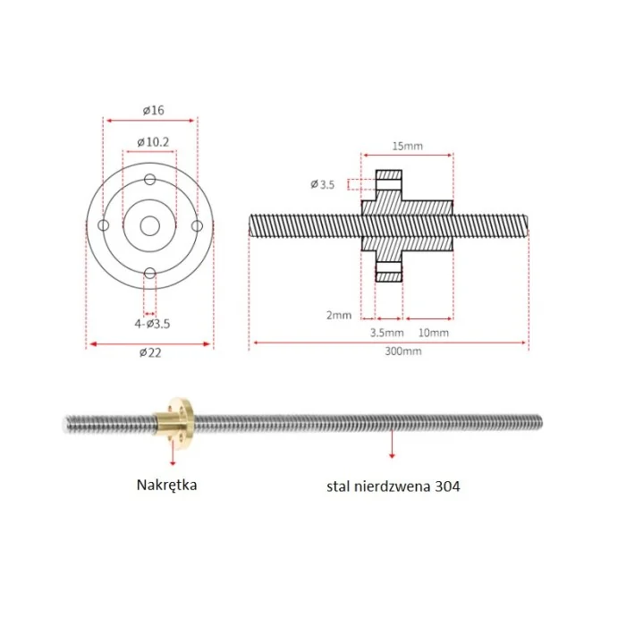 ŚRUBA TRAPEZOWA T8 2MM + NAKRĘTKA 150MM