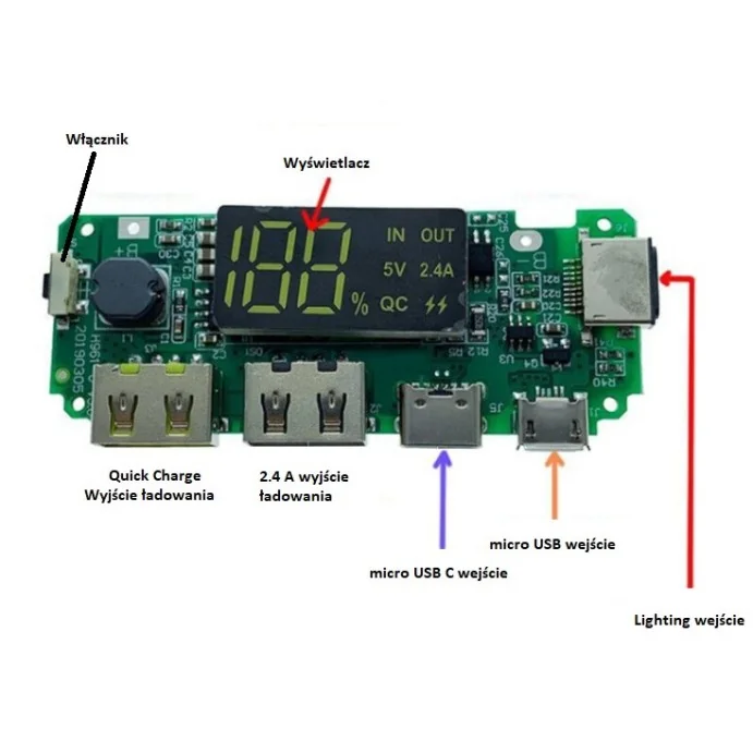 MODUŁ POWER BANK - ŁADOWARKA DO AKUMULATORÓW 18650 3.7V 2.4A+QUICK CHARGE