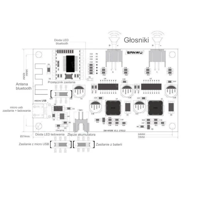 MODUŁ WZMACNIACZA AUDIO BLUETOOTH STEREO 2 X 6W