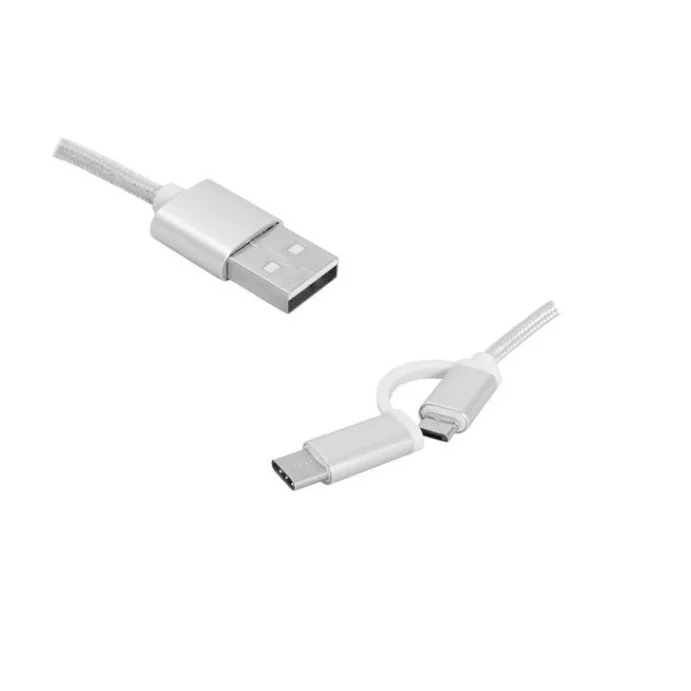 KABEL USB WTYK A - MICRO USB WTYK + ADAPTER MICRO USB NA MICRO USB TYP C 1M SREBRNY OPLOT