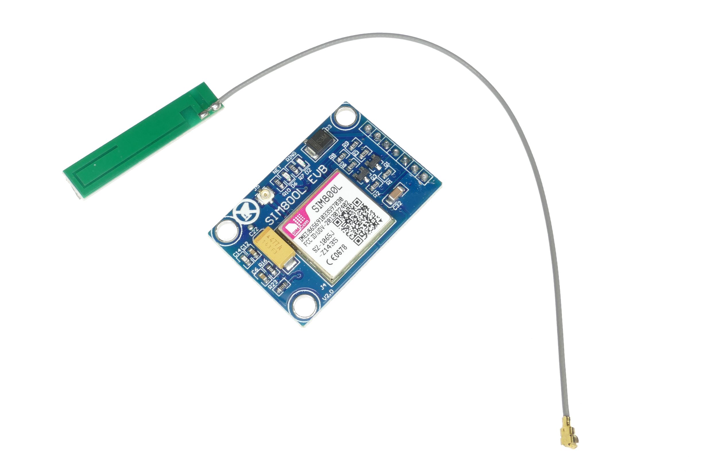 Moduł komunikacyjny SIM800L wraz z anteną PCB.