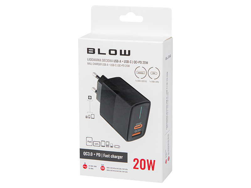 Szybka ładowarka sieciowa USB 3.0 + USB typu C z technologią QC+PD 20W.